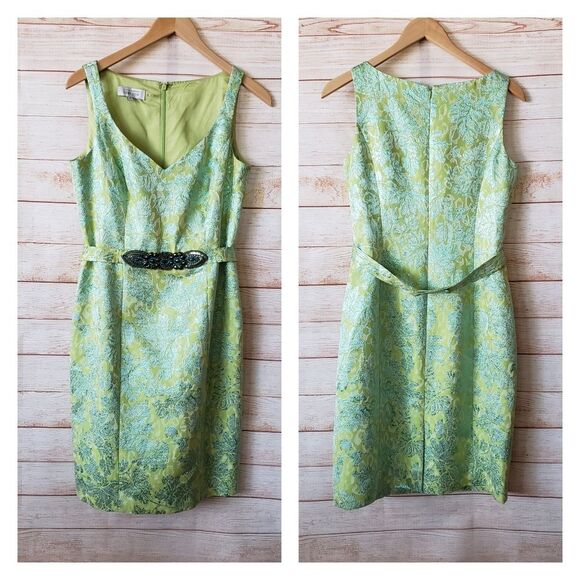 Ricki Freeman Teri Jon Floral Brocade Metallic Embellished Belt Sheath Dress - Picture 1 of 12